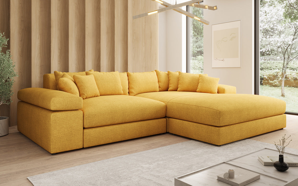 Designer Ecksofa Bernardo mit breiter Ottomane in Strukturstoff