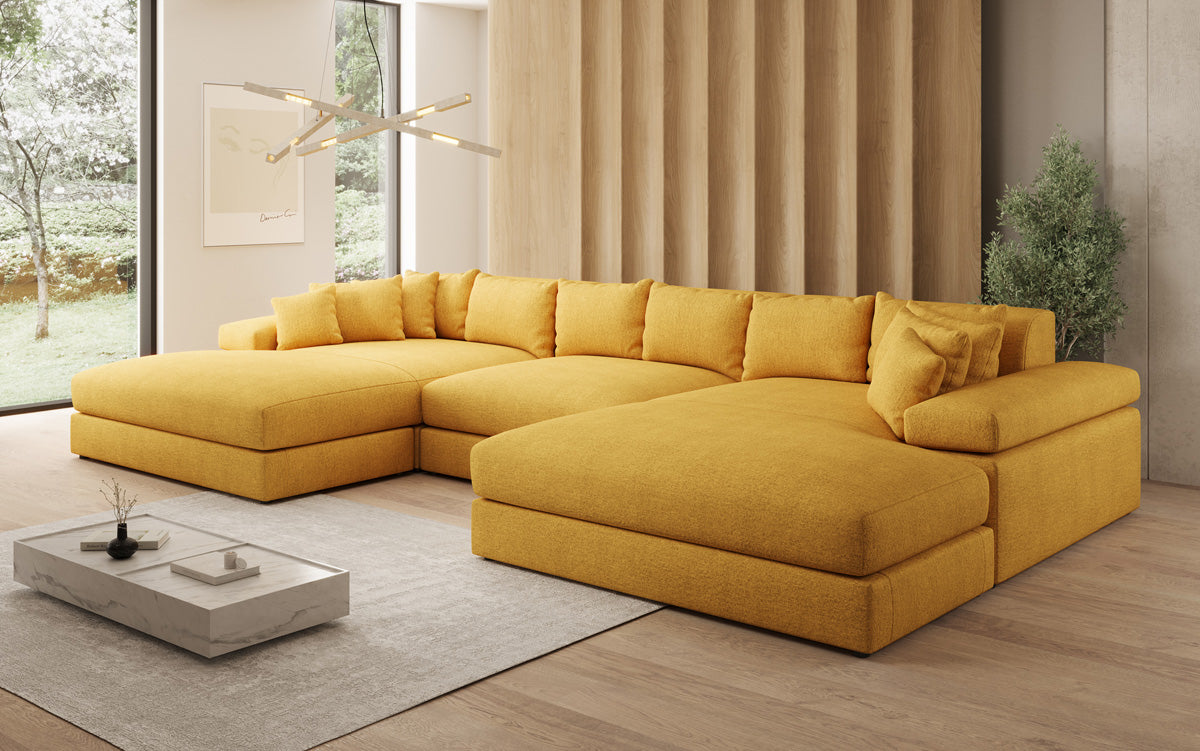 Designer Sofa Bernardo U mit breiter Ottomane in Strukturstoff