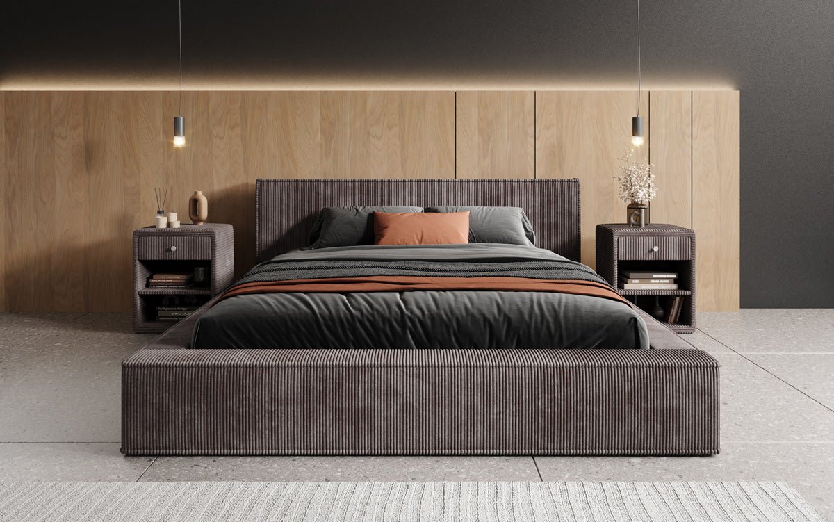 Designer Polsterbett Harmon in Cord mit Stauraum