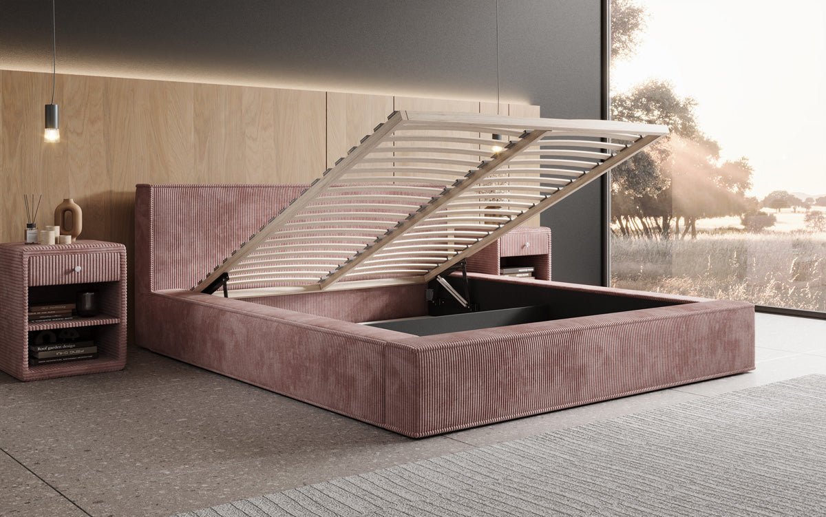 Designer Polsterbett Harmon in Cord mit Stauraum