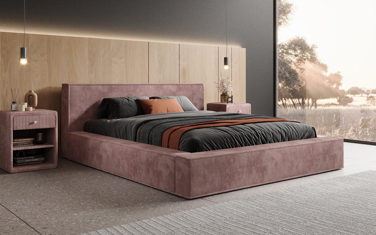 Designer Polsterbett Harmon in Cord mit Stauraum