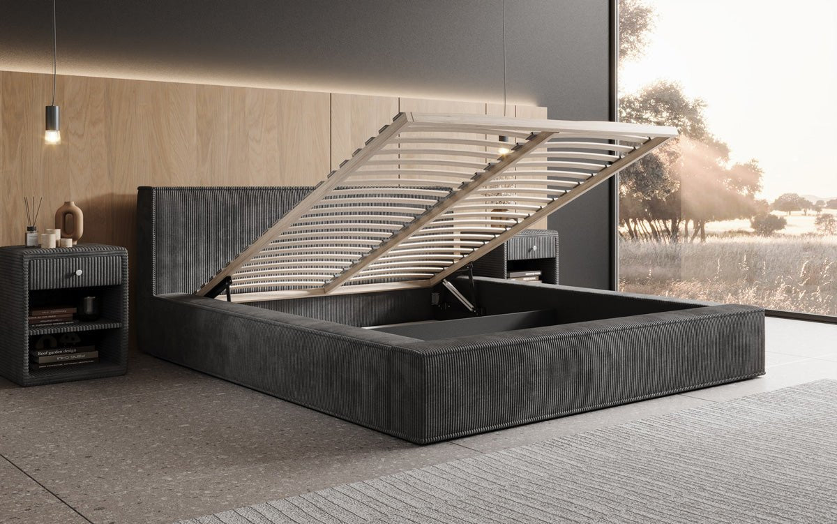 Designer Polsterbett Harmon in Cord mit Stauraum