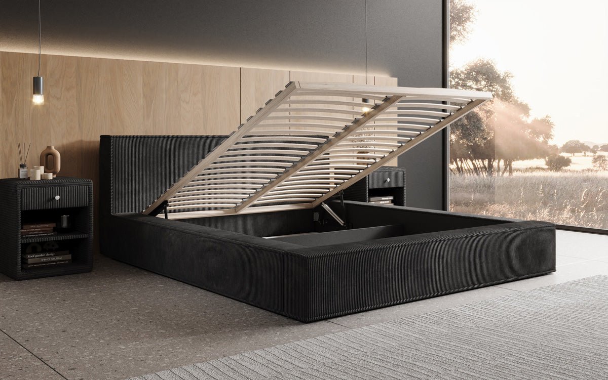 Designer Polsterbett Harmon in Cord mit Stauraum