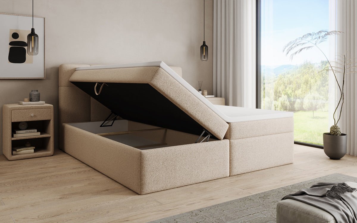 Boxspringbett Cozy II in Teddy Bouclé mit Stauraum