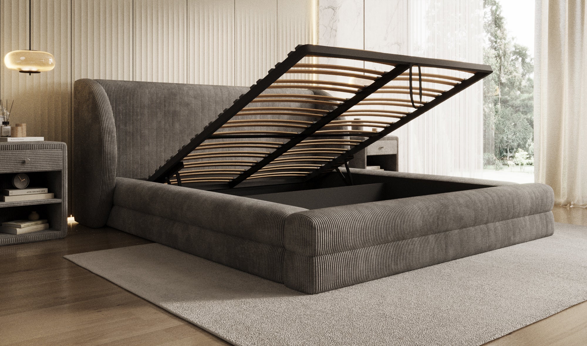 Designer Polsterbett Liv Cord mit Stauraum