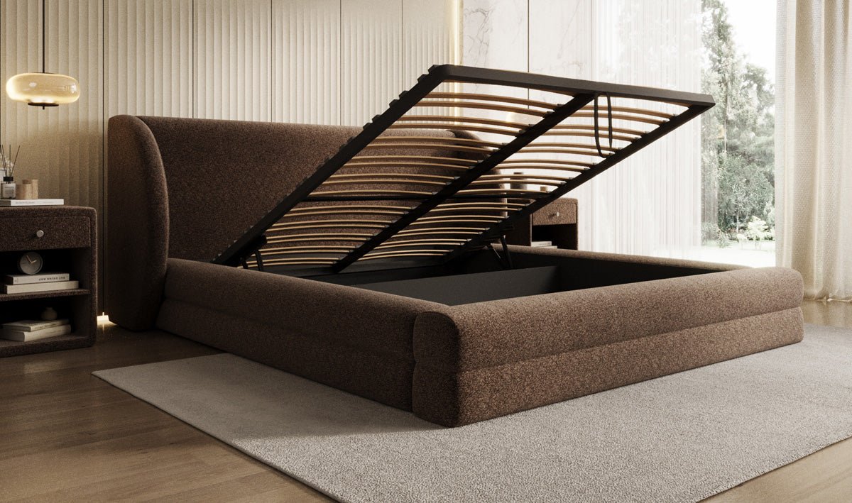 Designer Polsterbett Liv in Strukturstoff mit Stauraum