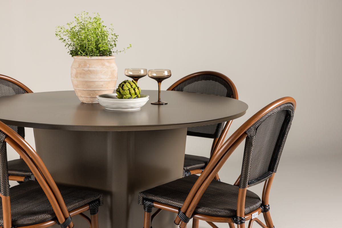 Garten Essgruppe Mina – 5-teiliges Gartenmöbel-Set mit braunem Tisch aus Aluminium