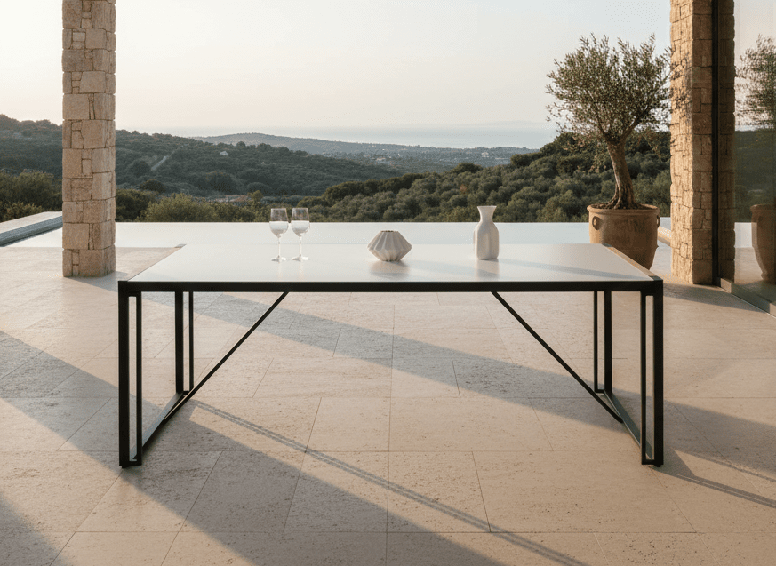 Garten Esstisch Lorenzo - 200x90 cm mit einer Tischplatte aus Glas und Teakholz