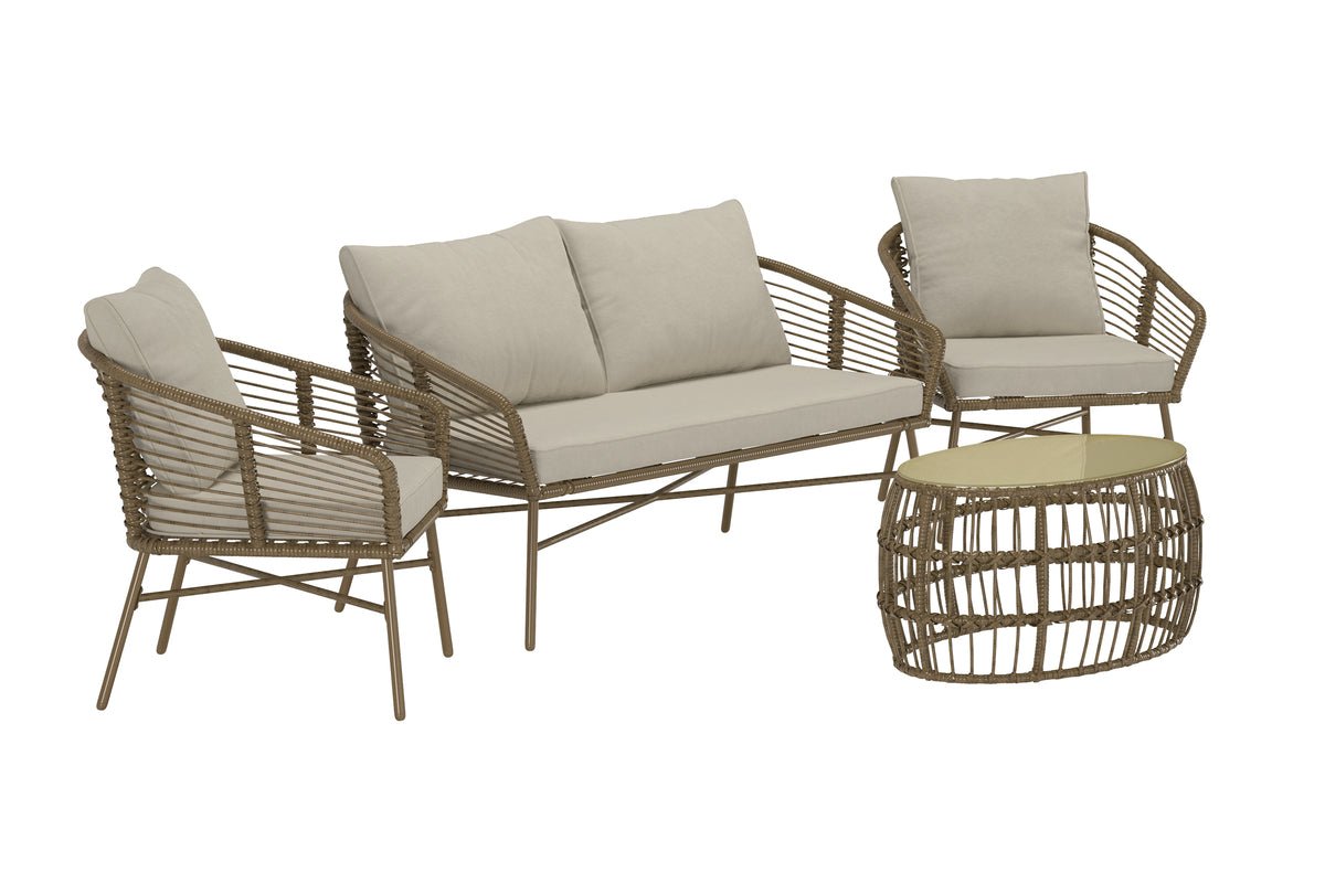 Garten Loungeset Anton – in Braun mit Glasplatte & Kissen
