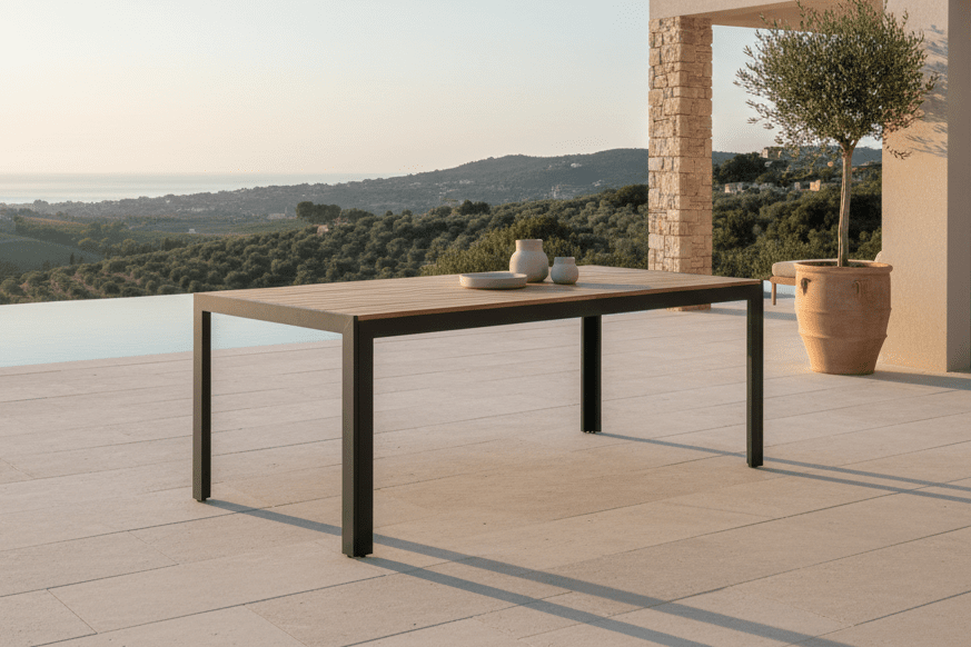 Gartentisch Uzuri - Rechteckiger Esstisch aus Akazienholz und schwarzem Metallgestell