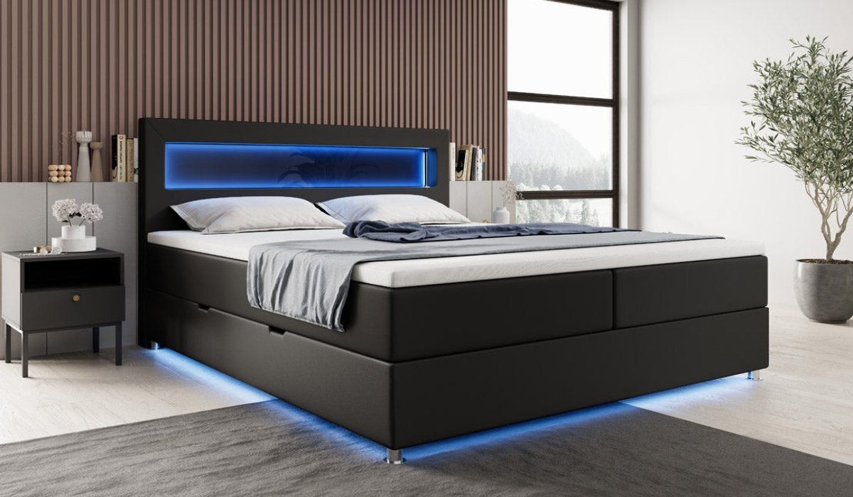 Boxspringbett Relax mit LED, Stauraum und USB/C in Kunstleder