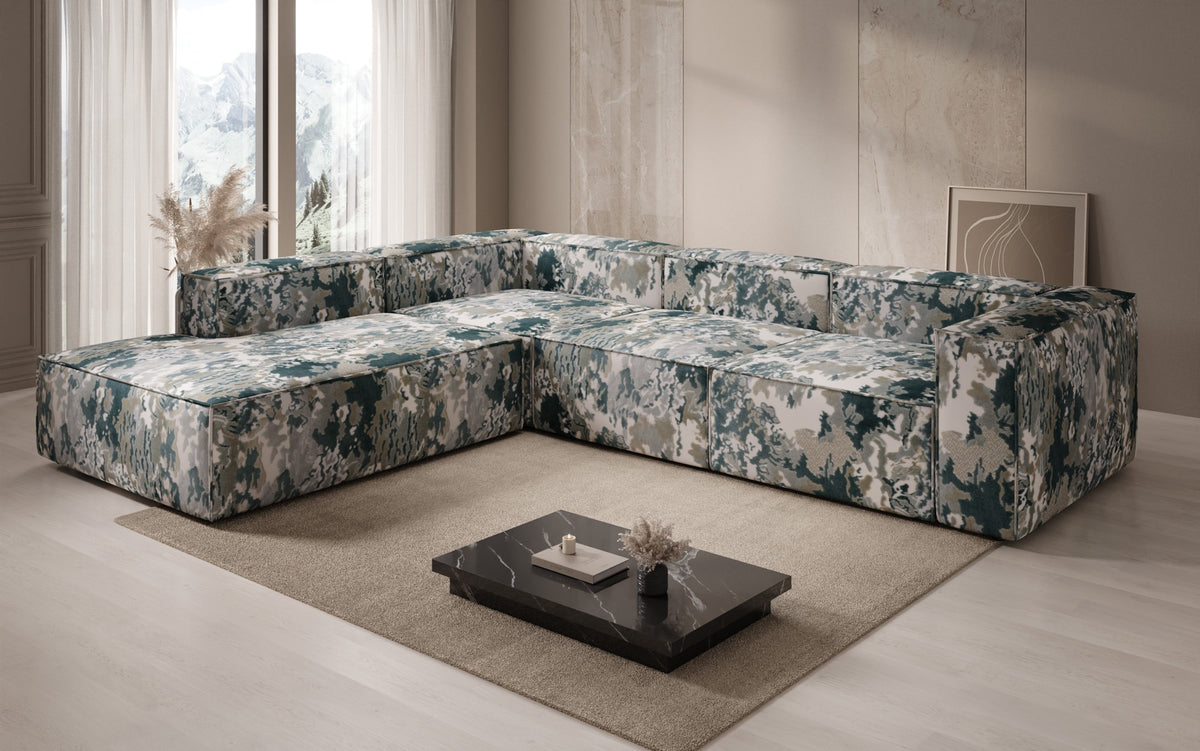 Designer Ecksofa Lesley mit langer Ottomane - Jacquard mit Aquarell-Muster