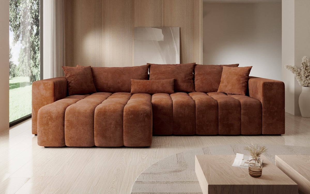 Momo Cord Orange – Ecke links bei Draufsicht – Milieu (gespiegelt)