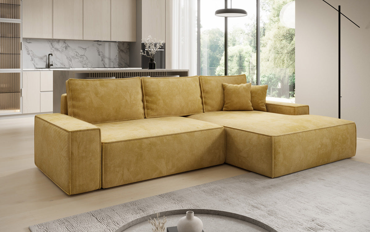 Designer Ecksofa Verona mit breiter Ottomane mit Schlaf- und Klappfunktion in Cord