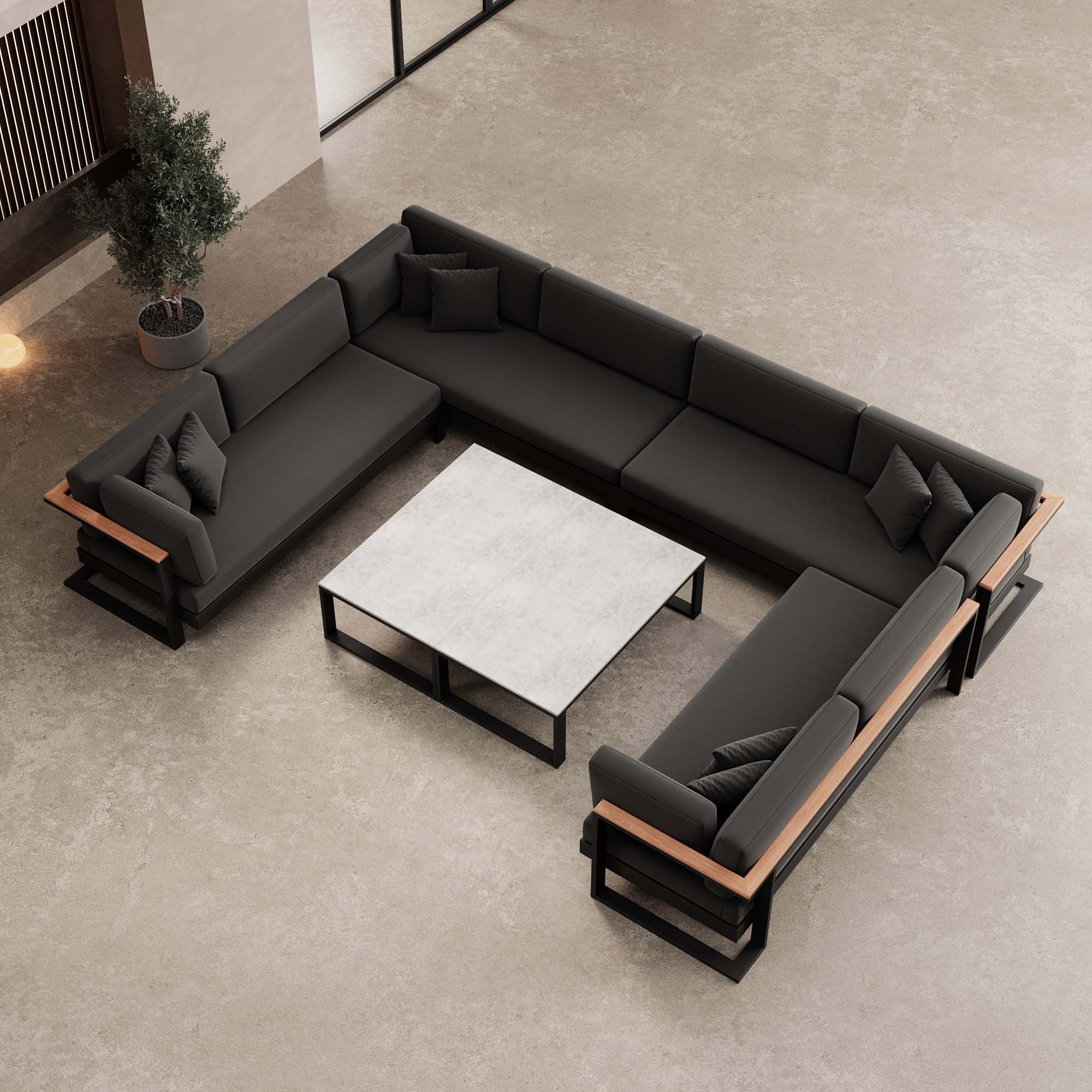 Vayla – Wohnlandschaft in U-Form mit Tisch aus schwarzem Aluminium | Aevora™ Kollektion