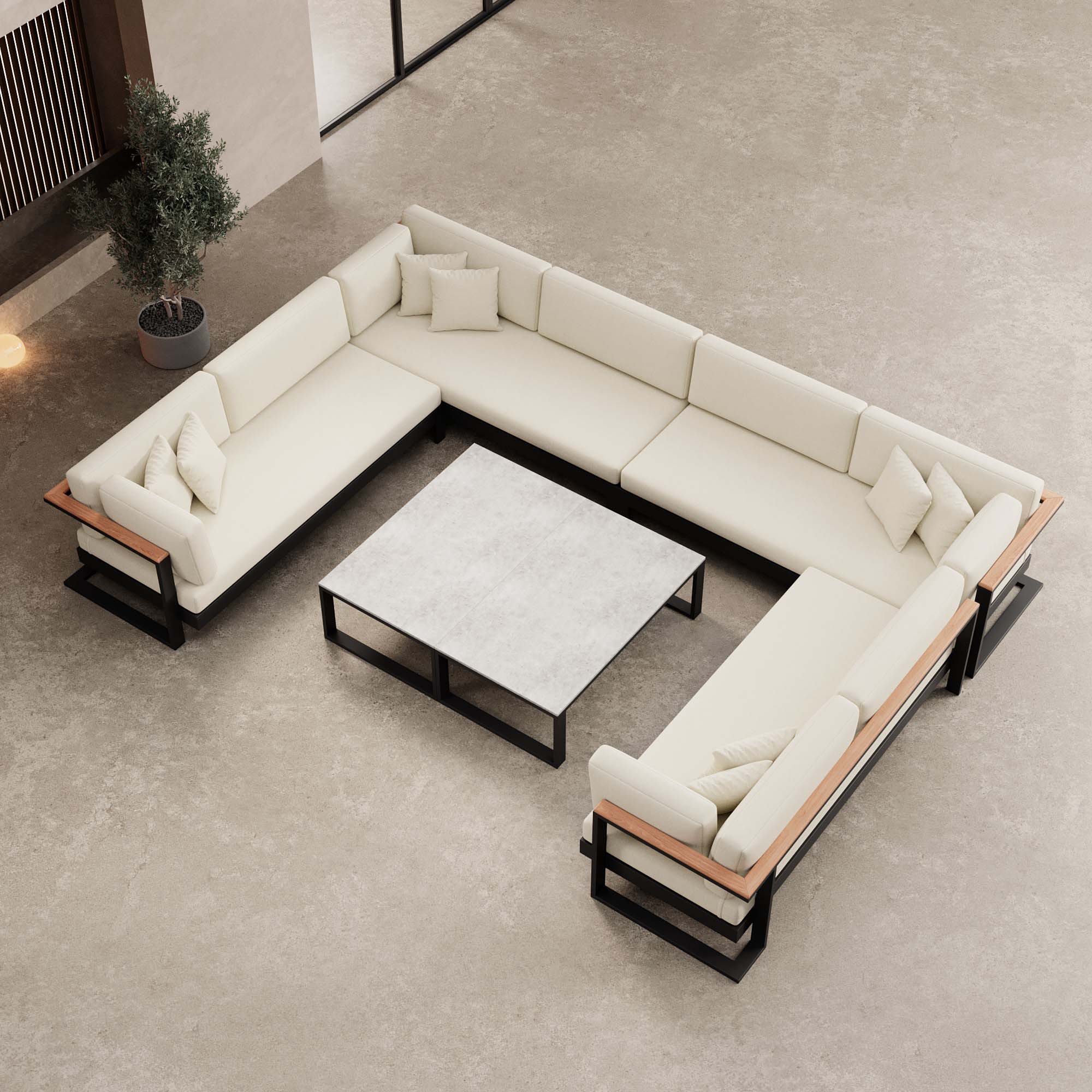 Vayla – Wohnlandschaft in U-Form mit Tisch aus schwarzem Aluminium | Aevora™ Kollektion