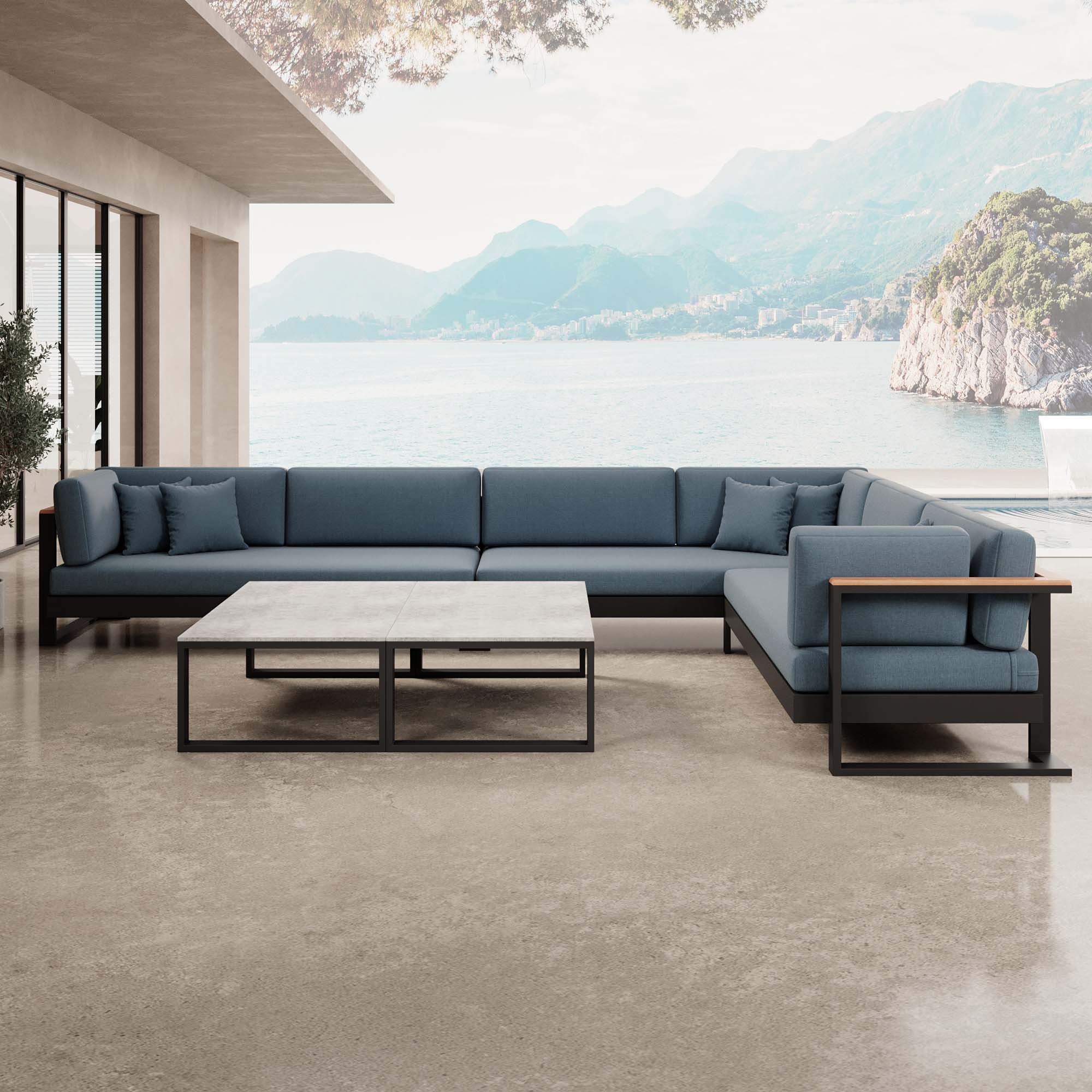 Vayla – Wohnlandschaft mit Doppeltisch & Ecksofa aus schwarzem Aluminium | Aevora™ Kollektion