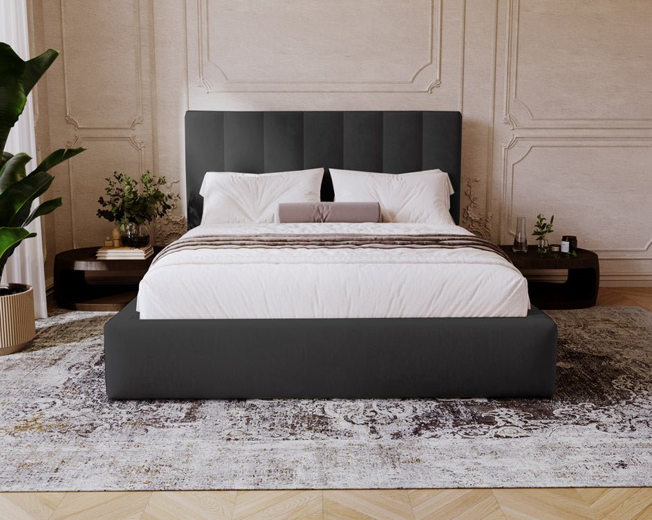 Lit capitonné designer Lunera en Velours avec espace de rangement