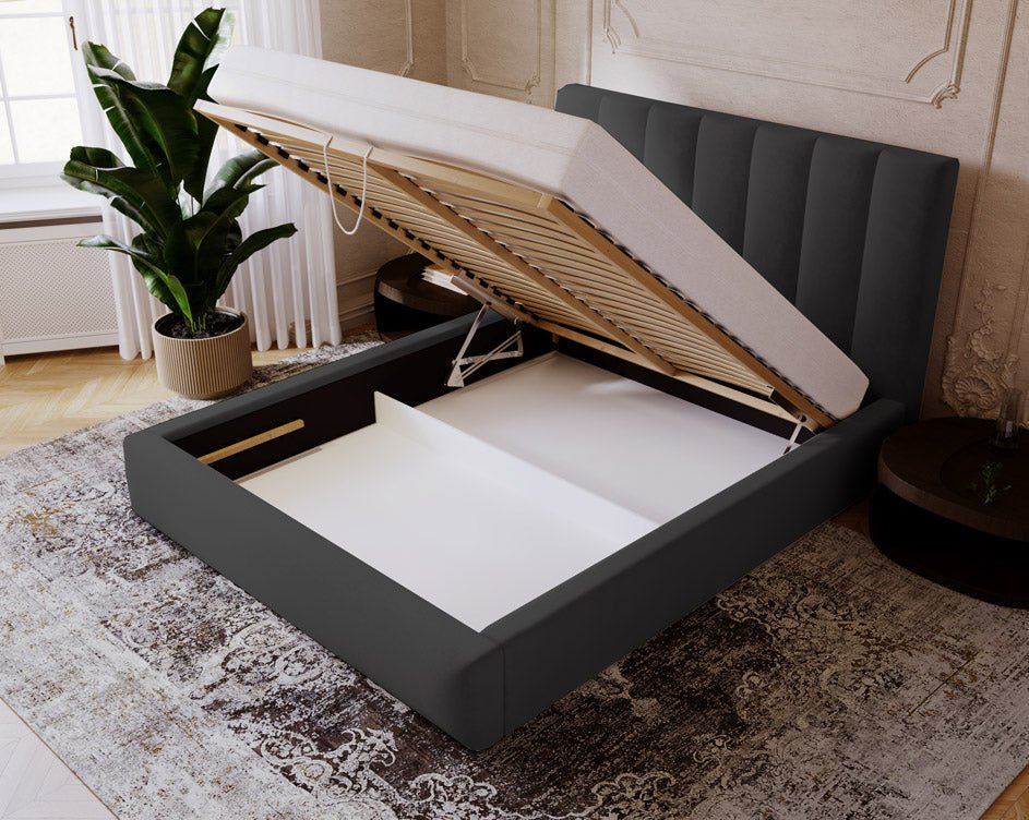 Lit capitonné designer Lunera en Velours avec espace de rangement