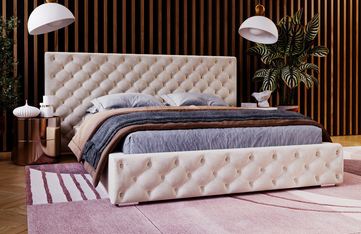 Designer gestoffeerd bed Stellar in fluweel met opbergruimte