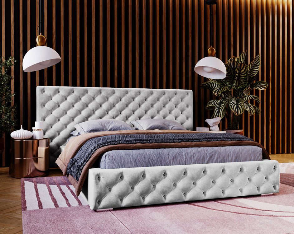 Designer gestoffeerd bed Stellar in fluweel met opbergruimte
