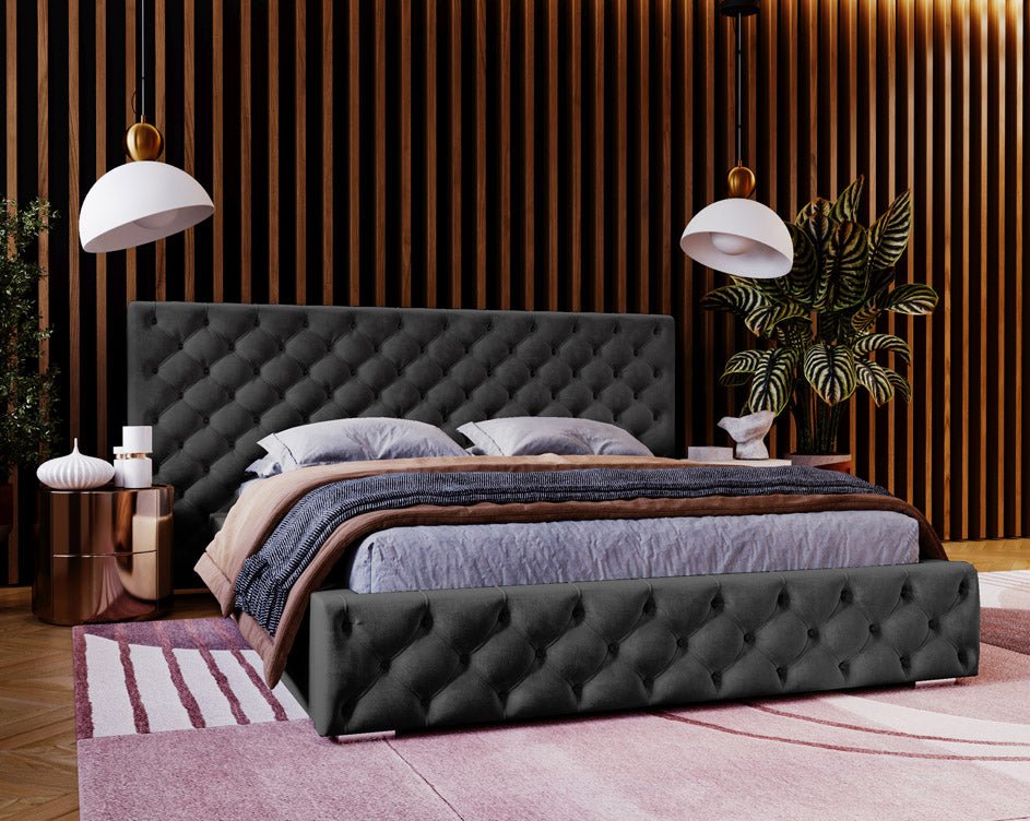 Designer gestoffeerd bed Stellar in fluweel met opbergruimte