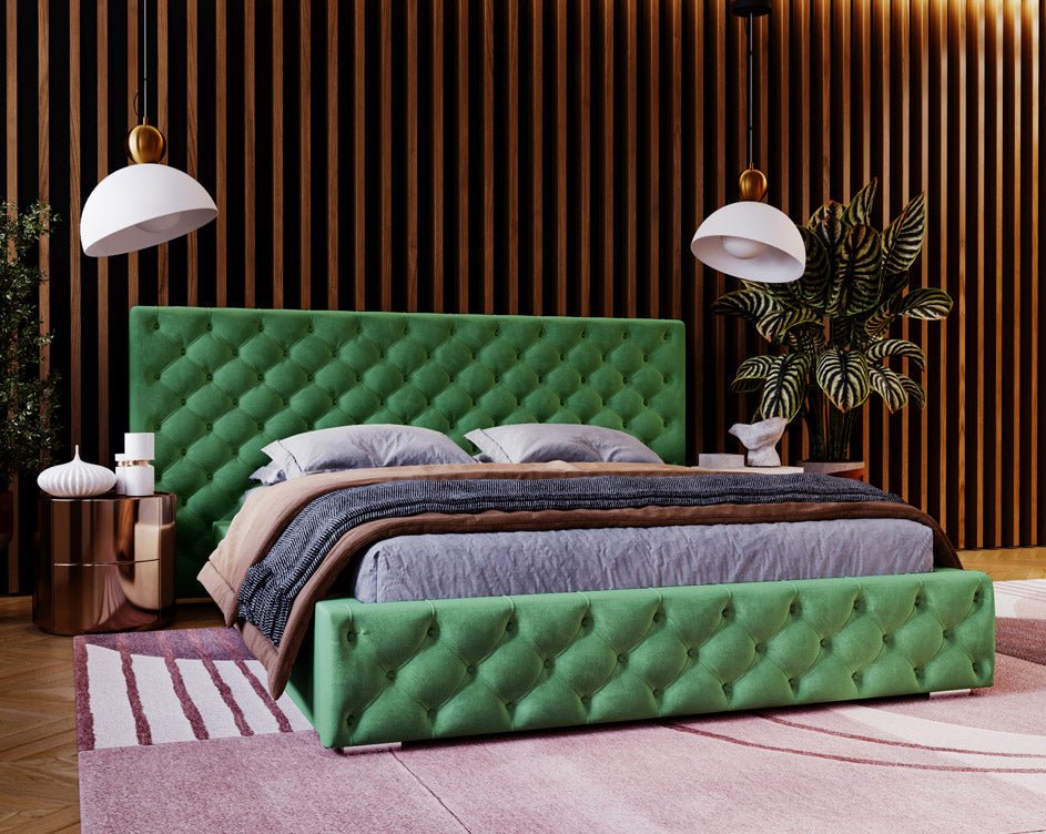 Designer gestoffeerd bed Stellar in fluweel met opbergruimte