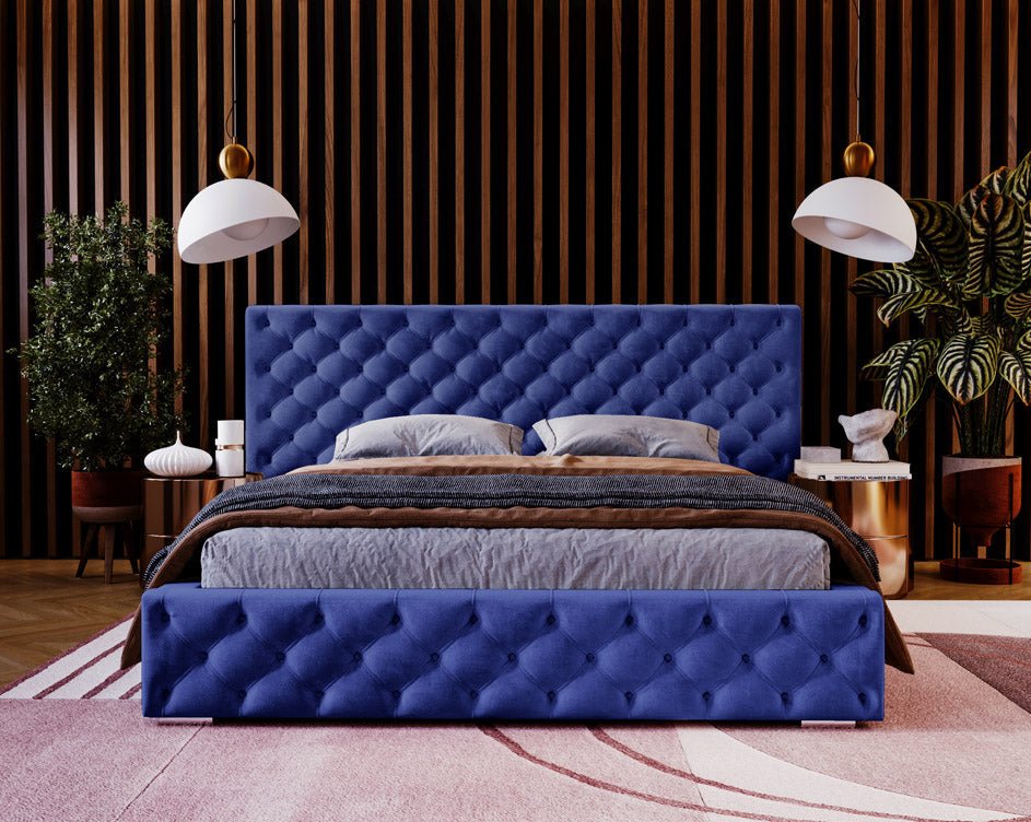 Designer gestoffeerd bed Stellar in fluweel met opbergruimte