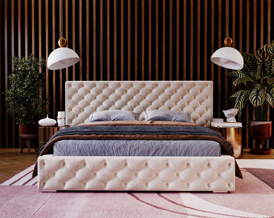 Designer gestoffeerd bed Stellar in fluweel met opbergruimte