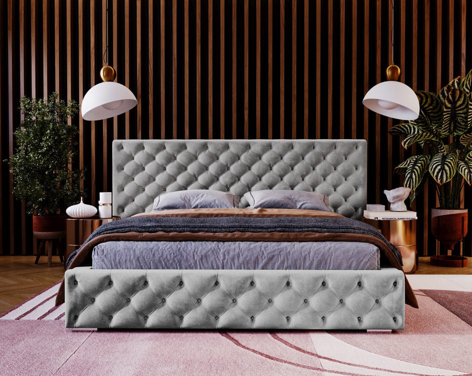 Designer gestoffeerd bed Stellar in fluweel met opbergruimte