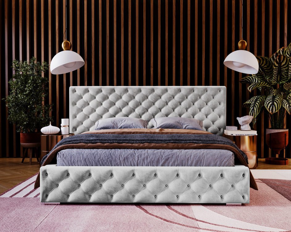 Designer gestoffeerd bed Stellar in fluweel met opbergruimte