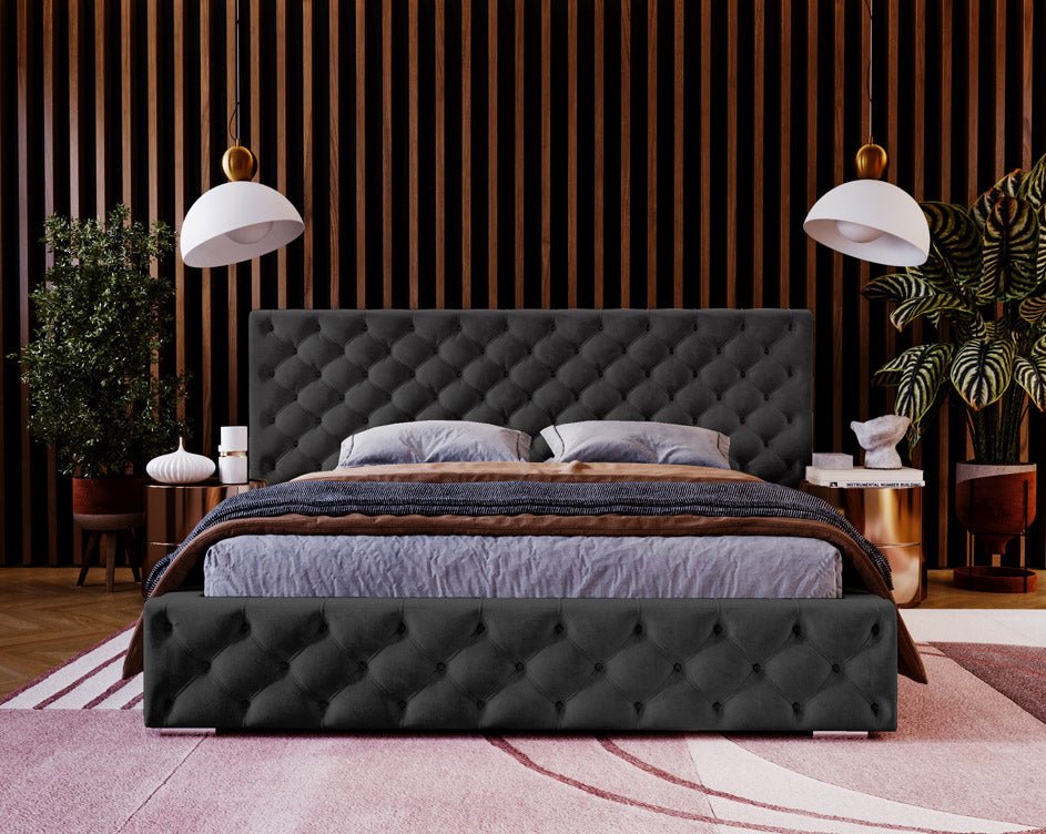 Designer gestoffeerd bed Stellar in fluweel met opbergruimte