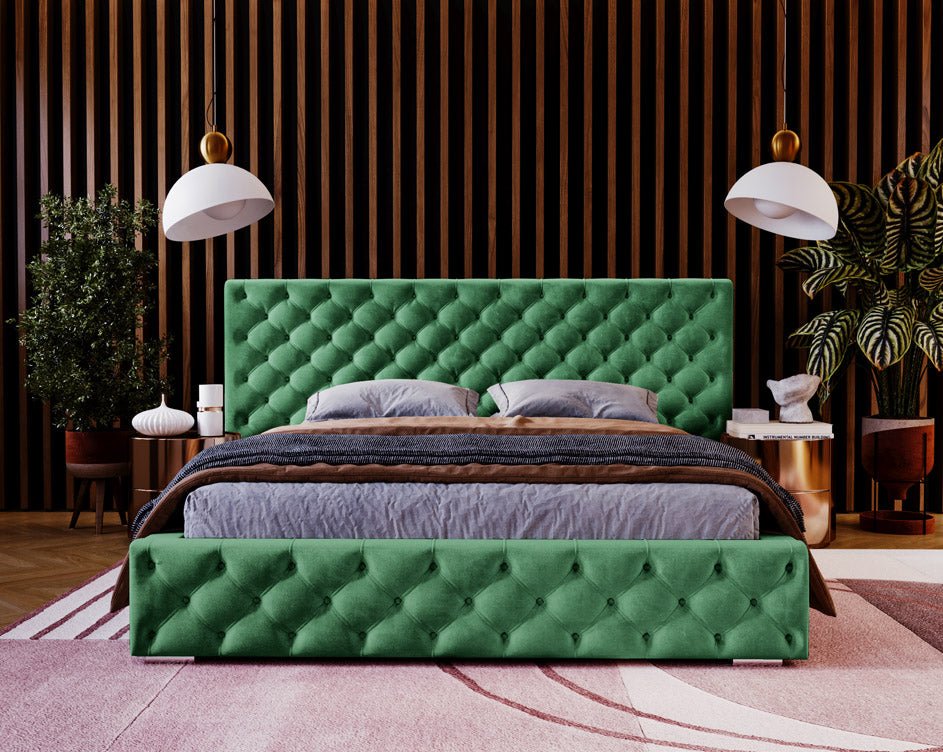 Designer gestoffeerd bed Stellar in fluweel met opbergruimte