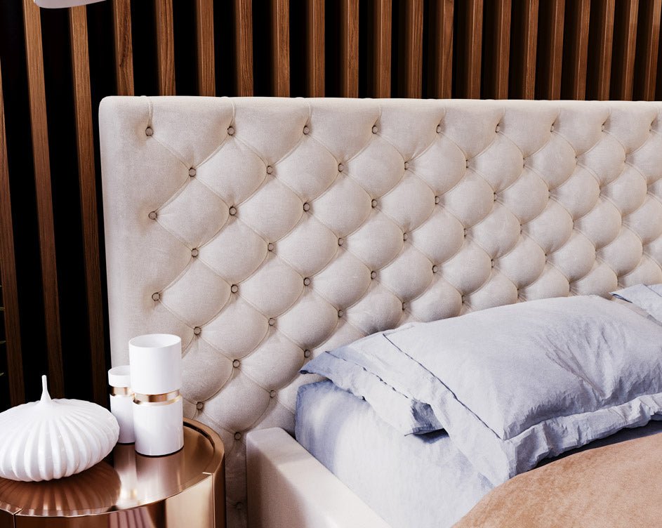 Designer gestoffeerd bed Stellar in fluweel met opbergruimte