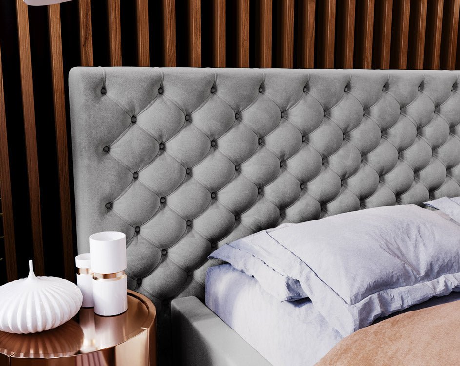 Designer gestoffeerd bed Stellar in fluweel met opbergruimte