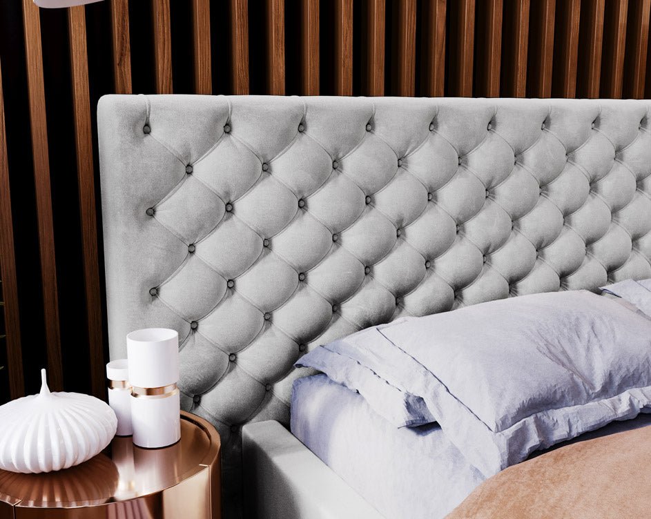 Designer gestoffeerd bed Stellar in fluweel met opbergruimte