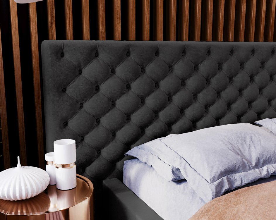 Designer gestoffeerd bed Stellar in fluweel met opbergruimte
