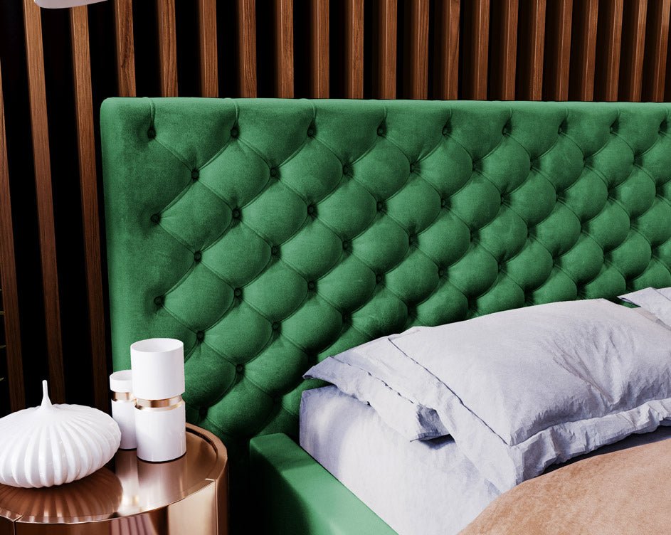 Designer gestoffeerd bed Stellar in fluweel met opbergruimte