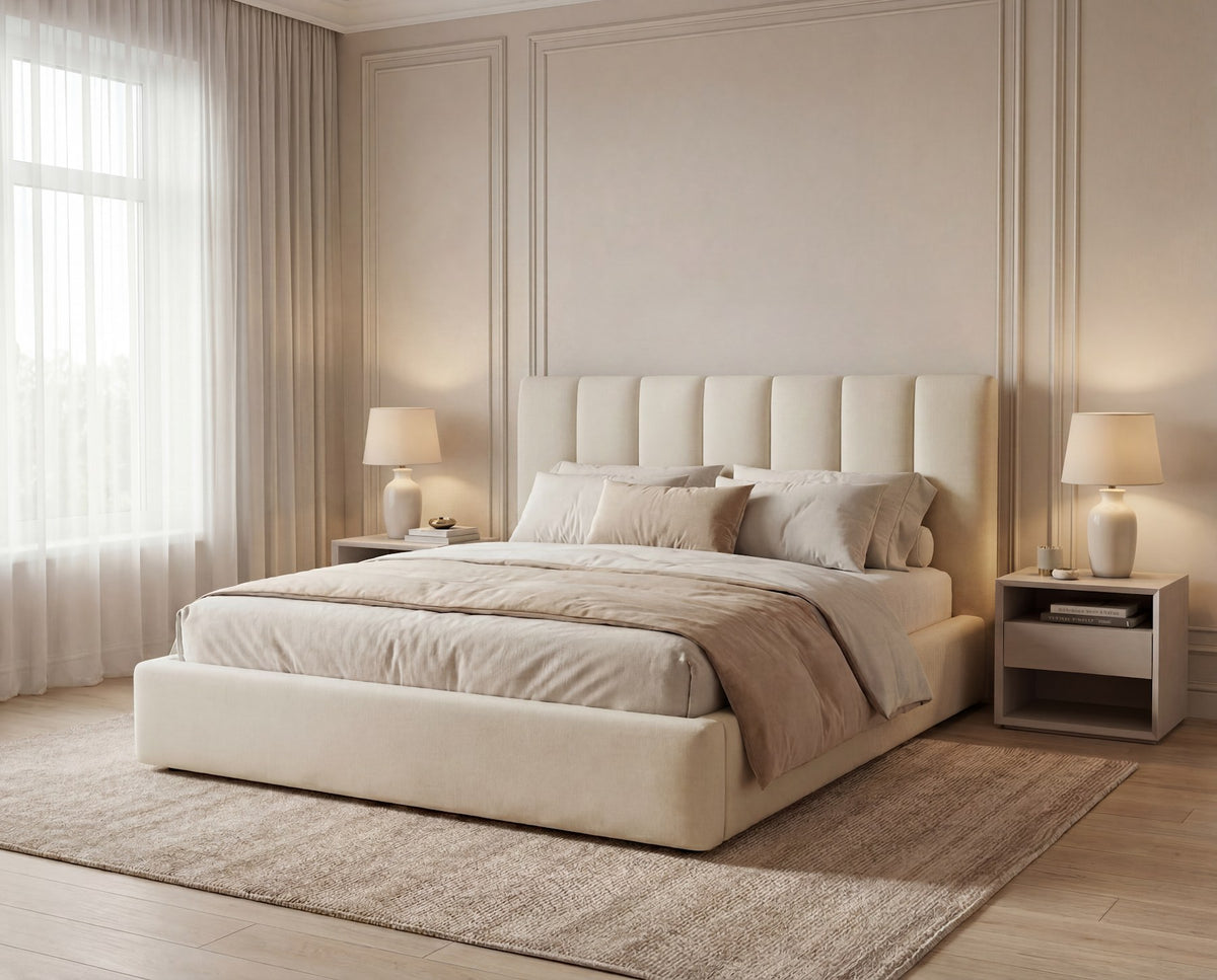 Designer Polsterbett Fano in Samt mit Stauraum – Beige