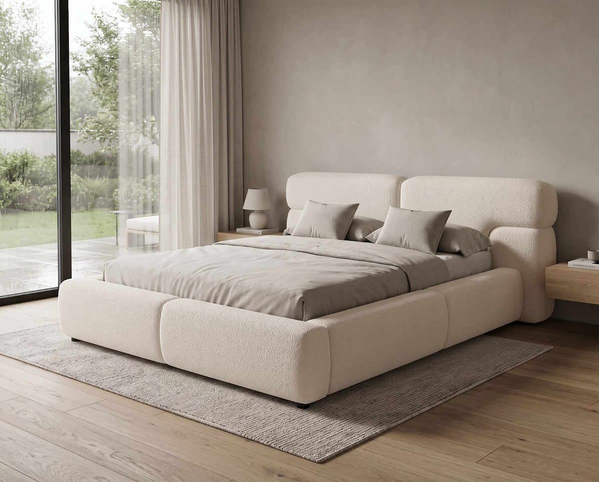 Designer Polsterbett Lovis in Strukturstoff mit Stauraum – Beige