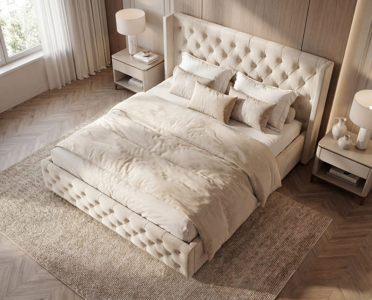 Designer Polsterbett Marlo in Samt – Beige