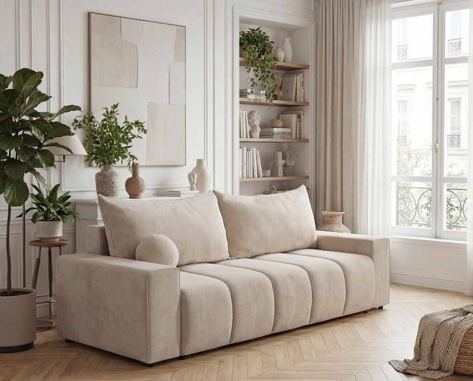 Designer 3 Sitzer Sofa Vena mit Stauraum und Schlaffunktion in Samt