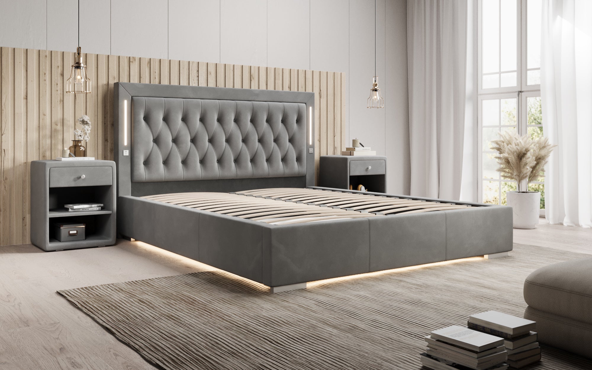 Designer Polsterbett Relina inkl. RGB, USB und Stauraum