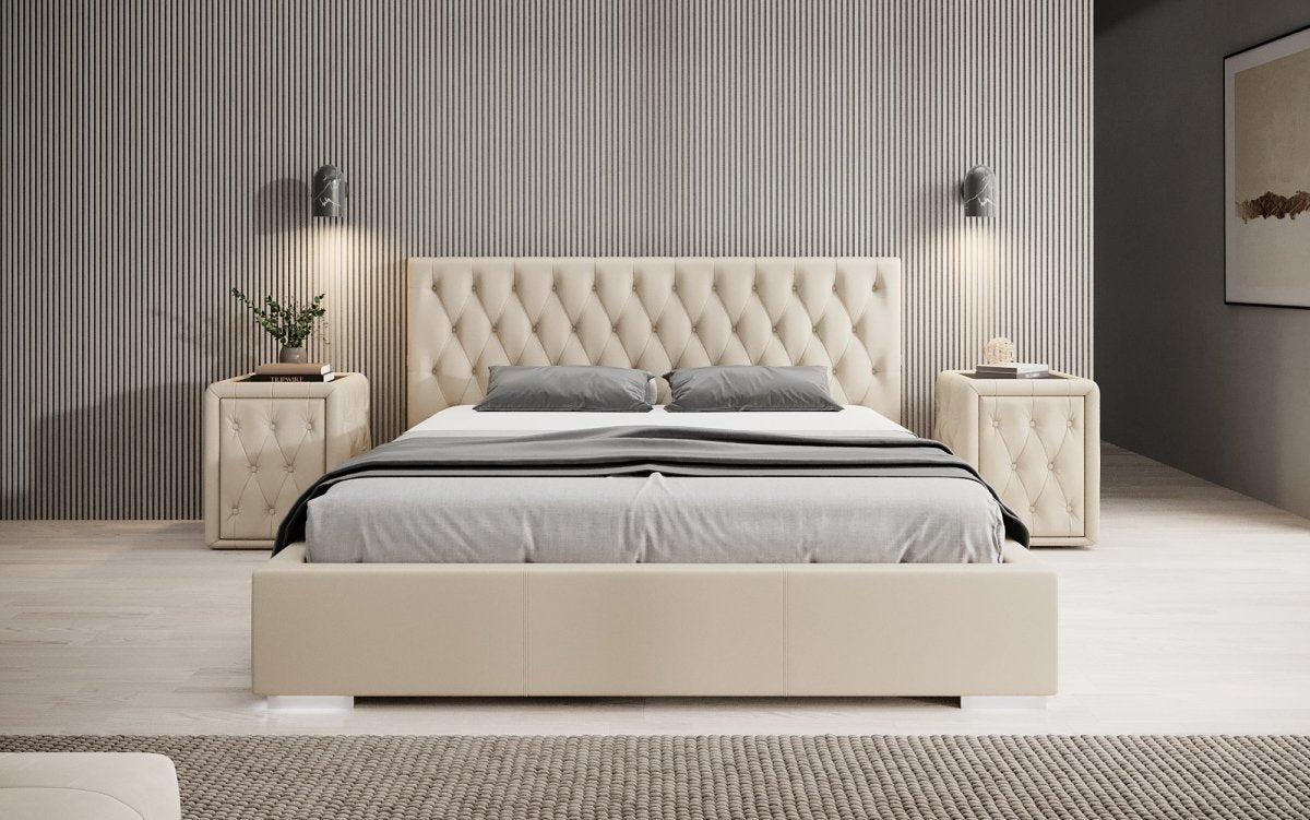 Designer Polsterbett Porto inkl. LED Füßen, USB und Stauraum - Luxusbetten24