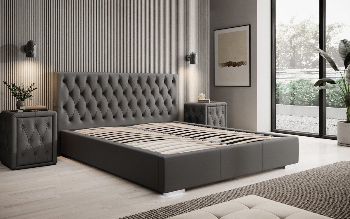 Designer Polsterbett Porto inkl. LED Füßen, USB und Stauraum - Luxusbetten24