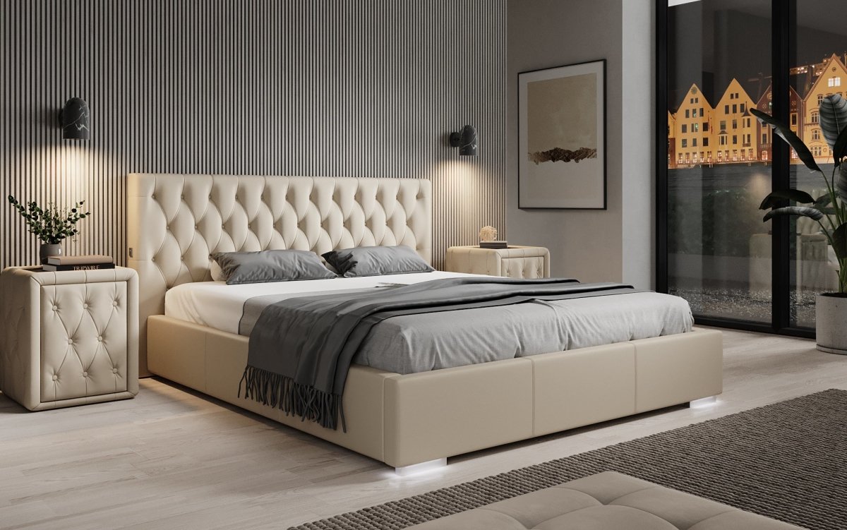 Designer Polsterbett Porto inkl. LED Füßen, USB und Stauraum - Luxusbetten24