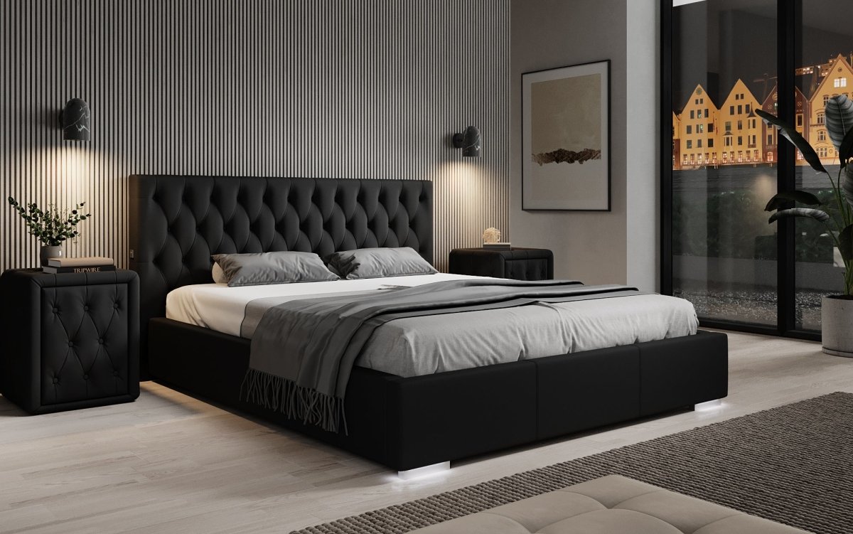 Designer Polsterbett Porto inkl. LED Füßen, USB und Stauraum - Luxusbetten24