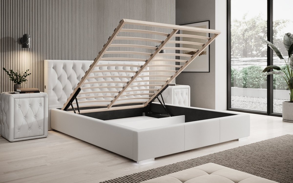 Designer Polsterbett Porto inkl. LED Füßen, USB und Stauraum - Luxusbetten24