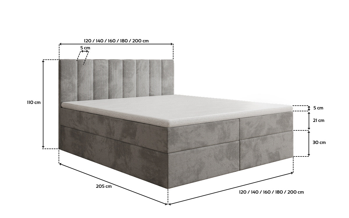 Lit boxspring Sofia en Côtelé avec espace de rangement