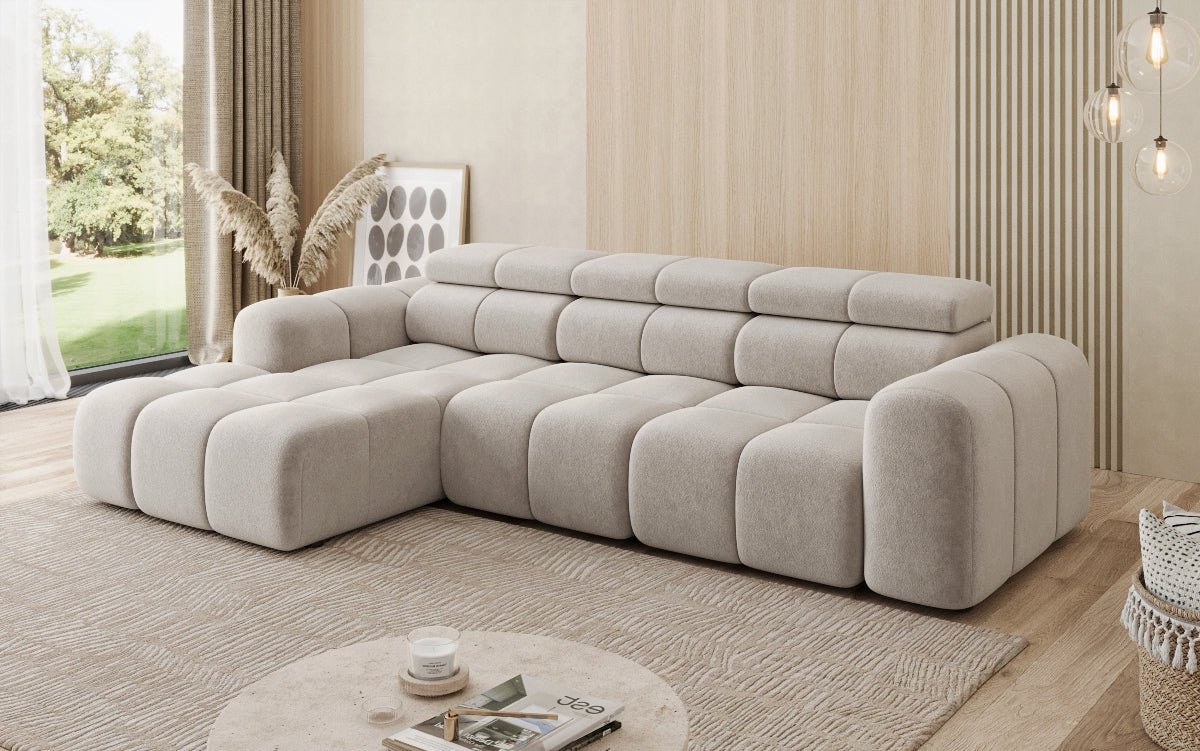 Designersofa Mia L met elektrische zitverlenging in Chenille